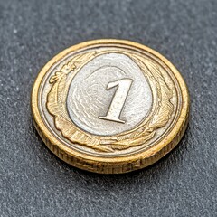Close Up of a Single Polish One Zloty Coin on Dark Background