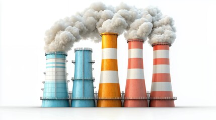 Colorful Industrial Smokestacks Emitting Smoke Against White Background