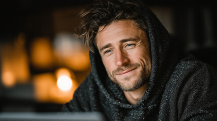 Fototapeta premium Man with short dark hair wearing a hoodie sitting at a desk with a laptop, warm cozy apartment background, relaxed smile, cinematic natural light