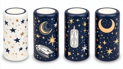 Celestial Candles Navy Blue and White Cylindrical Candles with Gold Star and Moon Designs