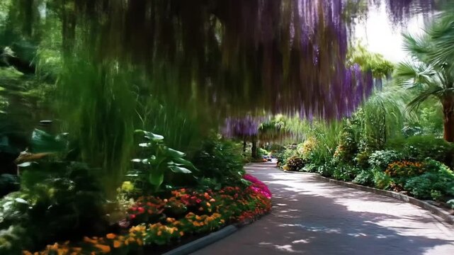 Pathway under wisteria and lush foliage in a botanical garden
