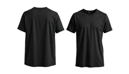 Two views of a plain black crew-neck tee shirt against a stark black background