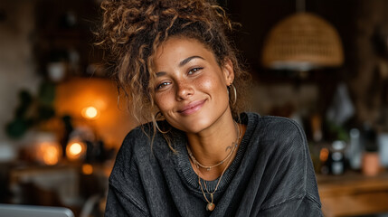 Smiling young Black woman with natural hair wearing a casual sweatshirt video chatting on her laptop in a warm modern apartment