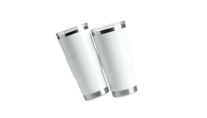 Two isolated white, metallic-rimmed, cylindrical insulated tumblers against a black background