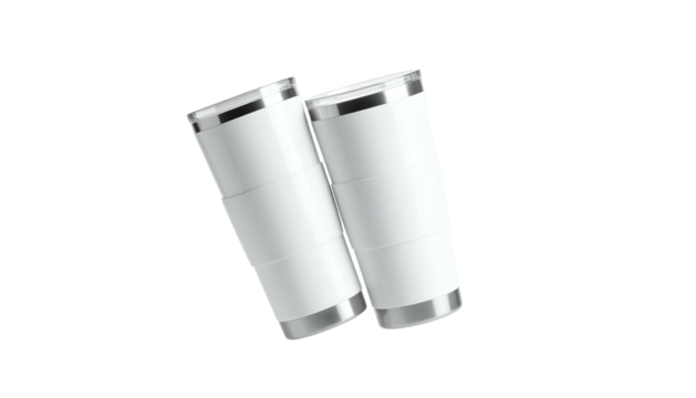 Two isolated white, metallic-rimmed, cylindrical insulated tumblers against a black background