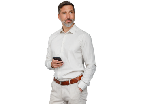 Thoughtful man holding smartphone and looking away, contemplating ideas for business and communication, transparent background