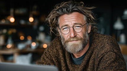 Middle-aged man with beard and glasses working remotely on a laptop in a bright living room with plants, cozy and realistic home atmosphere