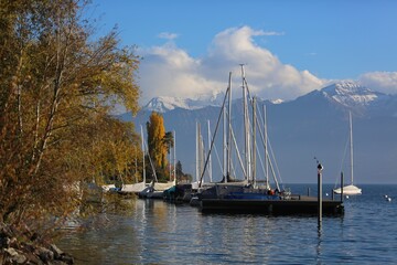 Peaceful autumn day at Lake Thun with sailboats, golden trees, and snow-covered Alps in the background.