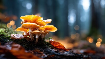 Bright orange mushrooms emerge from a damp forest floor, set against a misty backdrop of towering trees, invoking a sense of mystery and enchantment in nature.