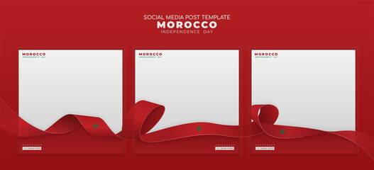 Set of carousel posts template with realistic red flag ribbons, suitable for morocco independence day