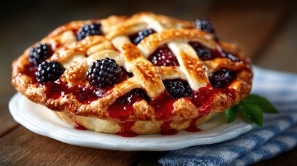 A freshly baked blackberry pie with a golden lattice crust sits on a plate, tempting dessert lovers with its rich colors and mouthwatering berry filling ready to be enjoyed.