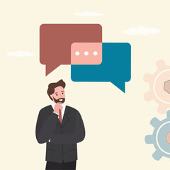 Smart businessman think from listening to second opinion and make decision. Suggestion or advice to consider, reason or logical thinking, information to make decision