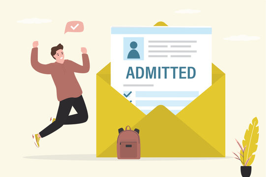 Invitation to enter college or academy. Happy student jumping near yellow envelope. New student admitted to education. Confirmation of admission to university.