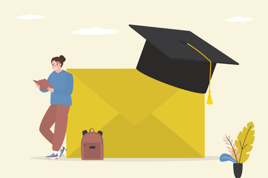 Letter with exam results. Invitation to enter college or academy. Smart student standing near yellow envelope and reading book. Graduation hat