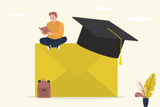 Letter with exam results. Invitation to enter college or academy. Smart student sitting on yellow envelope and reading book. Graduation hat.