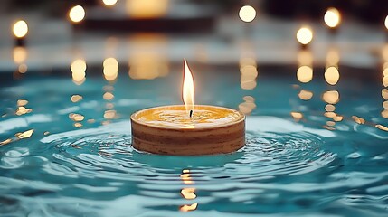 Floating Candle in Blue Water with Warm Bokeh Lights