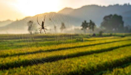 A spider sits in its web, silhouetted by the golden light of sunrise over a green agricultural field and distant hills. The scene is serene
