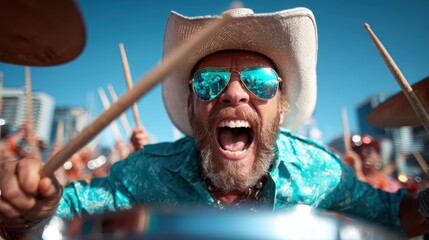 A dynamic shot of a passionate drummer with a cowboy hat and sunglasses, energetically playing at a lively festival, capturing the essence of music and excitement.