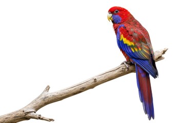 Obraz premium Colorful Parrot Sitting on Wooden Branch Isolated White Background