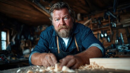 An engaging image of a rugged craftsman intently working on wood, highlighting artistry, craftsmanship, and the beauty of handmade creations.