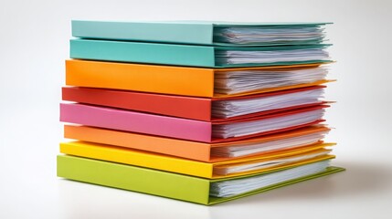 Organized file folders stacked with papers on white backdrop.