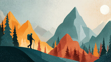 Flat minimalist illustration of a man hiking through mountains, reflecting nature and landscapes