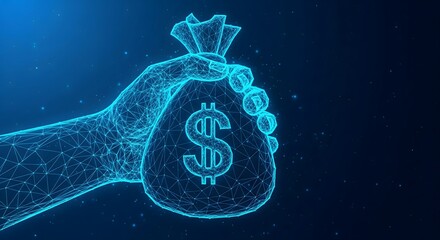 A digital polygonal hand holding a money bag with a dollar sign. A futuristic concept of digital finance, cryptocurrency, online banking, and wealth.