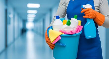 A person wearing orange gloves and an apron carries a bucket filled with cleaning supplies, ready to sanitize a hallway.