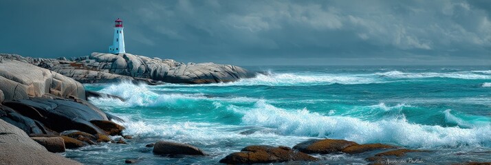 Nova Scotia Strong: Watercolor Seascape of North Atlantic Shoreline with Lighthouse and Stormy Ocean Waves