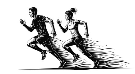 Obraz premium Running man and woman, isolated vector silhouettes. Run, side view. Silhouettes of athletic looking male and female runners running. Transparent PNG version.