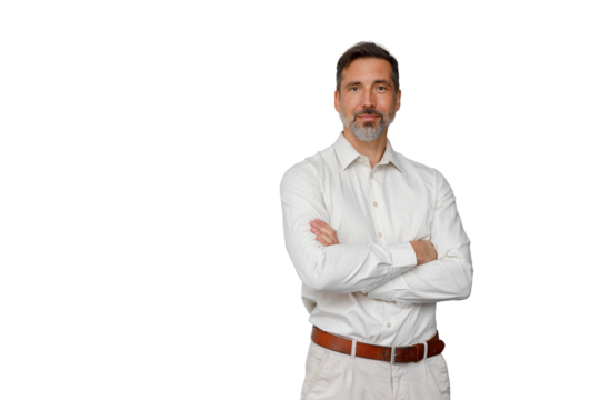 Confident mature businessman smiling standing with arms crossed, male entrepreneur portrait transparent background