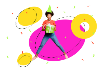 Composite photo collage of happy american girl jump hold present box surprise birthday party celebration isolated on painted background