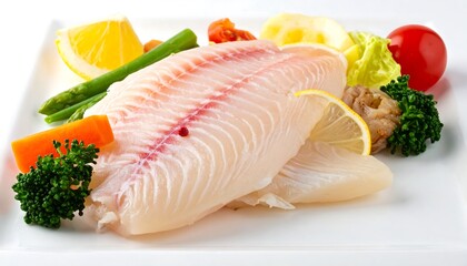 A raw fish fillet, light in color, is artfully arranged on a white plate with vibrant vegetables. Lemon slices add visual appeal