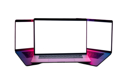 Three open laptops arranged in a semicircle, screens glowing brightly, on a stark black background