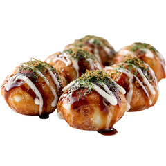 Delicious takoyaki balls drizzled with savory sauce and toppings, a tempting taste of Japan's street food scene, perfect for food blogs and culinary adventures
