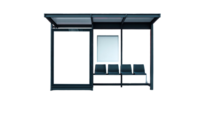 A modern bus shelter featuring blank ad displays, seats, and a roof against black