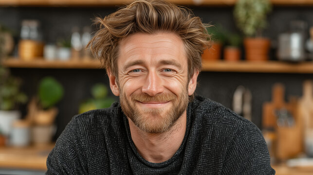 Man in casual t-shirt on a video call using laptop, cheerful smile, modern apartment background with shelves and plants