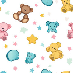 Colorful teddy bears and cartoon clouds seamless pattern on white background, perfect for baby items