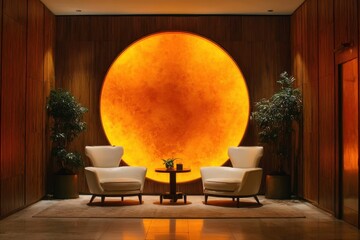 Cream armchairs facing large orange circle light interior
