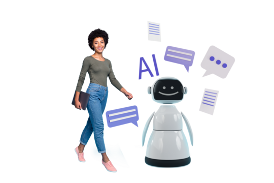 Composite artwork collage image picture of girl hold laptop chat gpt ai helper isolated on creative background