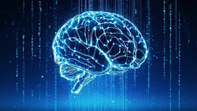 A glowing blue abstract brain with neural connections floats amidst falling binary code on a dark blue background
