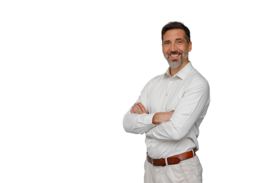 Confident mature man smiling with arms crossed, standing over a transparent background, representing success and professionalism - Powered by Adobe