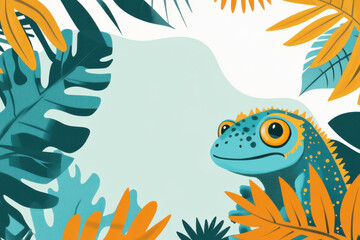 Fototapeta premium Turquoise chameleon resting on a branch amidst pink and green foliage, showcasing its textured skin and curled tail