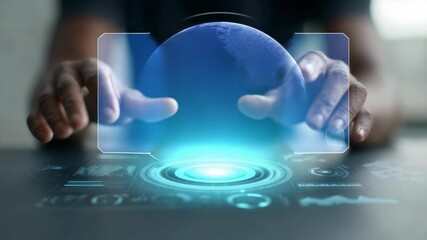 Engineer manipulates a holographic projection of earth, showcasing advanced technology and global connectivity in a futuristic user interface - Powered by Adobe