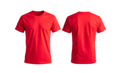 Front and back views of a vibrant red, crew neck t-shirt, isolated against a black background