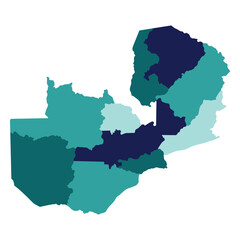 Zambia map regions. Map of Zambia regions in green multicolor