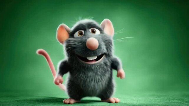 A digitally rendered, animated rat with fur, a pink tail & ears, grinning against a green background