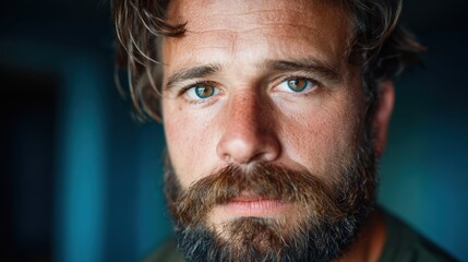 A close-up portrait of a serious bearded man with striking blue eyes, capturing a moment of vulnerability and strength, revealing a depth of character and emotion.