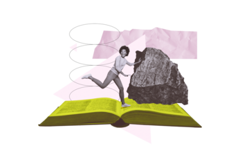 Creative collage young woman runner rock stone fragment book reader literature novel story library bookstore drawing background