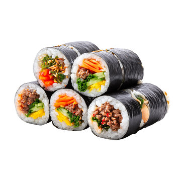 Stack of delicious Korean kimbap rolls with vibrant fillings, perfect for showcasing authentic cuisine and healthy eating on your food blog or menu